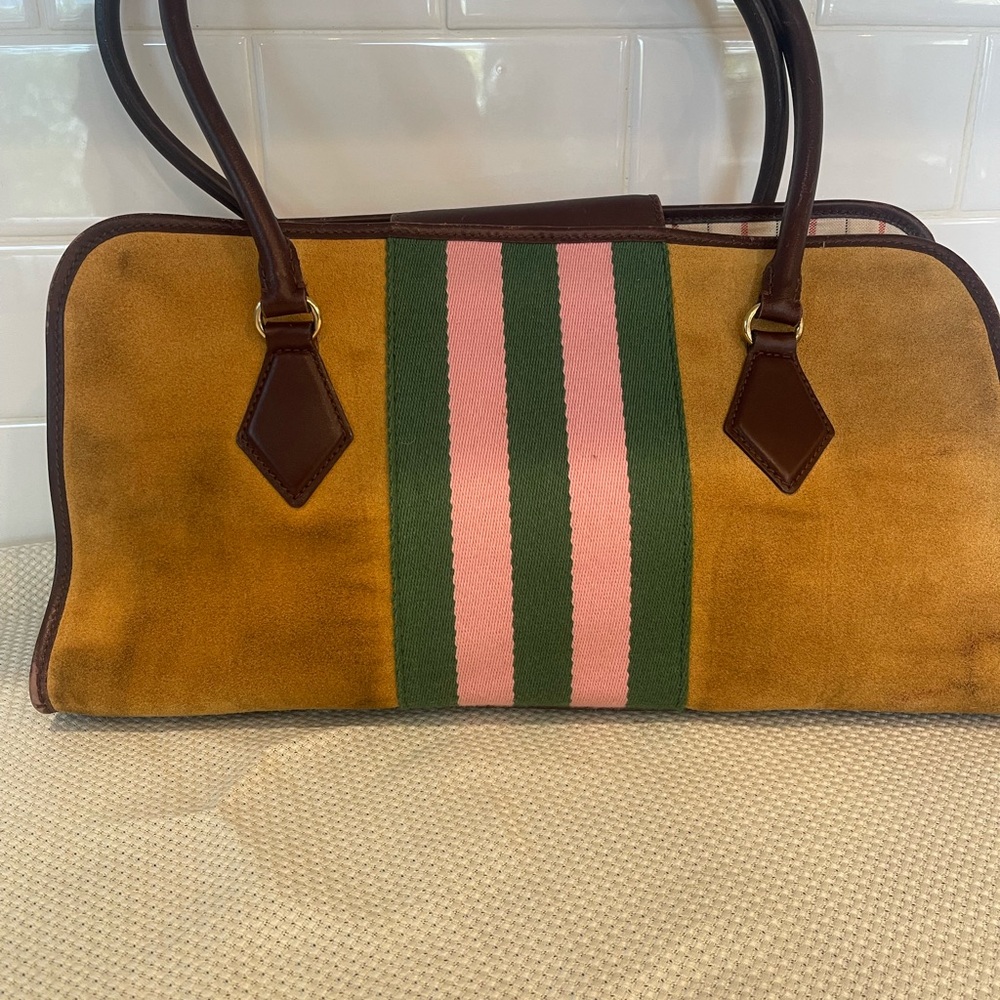 Tocca Mustard Suede Shoulder Bag with Pink & Green Center Stripes